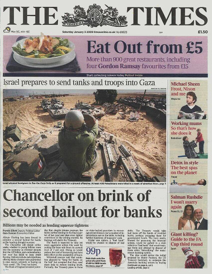 The Times 3 janvier 2009 chancelier ministre des finances renflouement des banques
